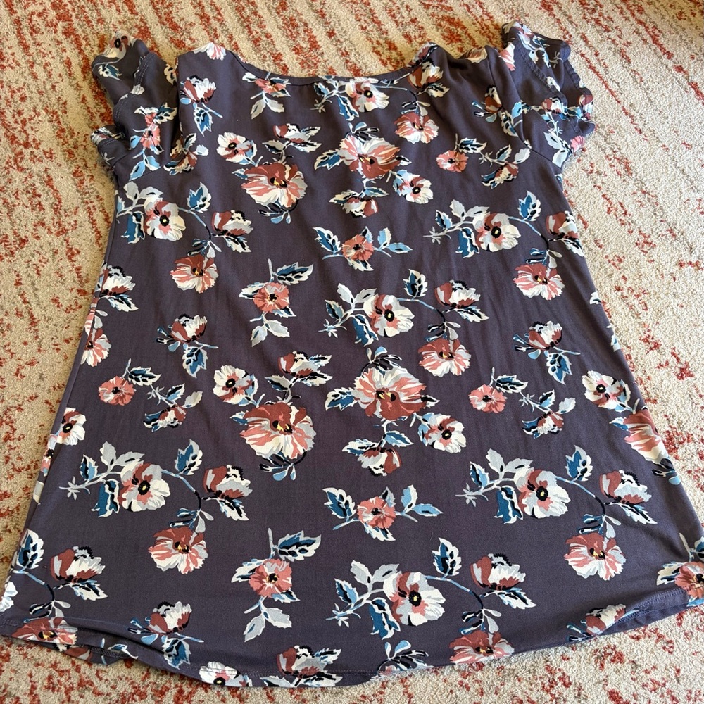 Cool Melon Floral Short Sleeve Top - Purple with Pink & Teal Blooms - Picture 7 of 7